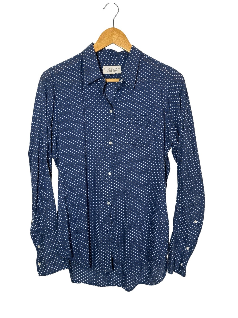 Nili Lotan Blue White Polkadot Cotton Button Down Shirt Top Women’s Size M